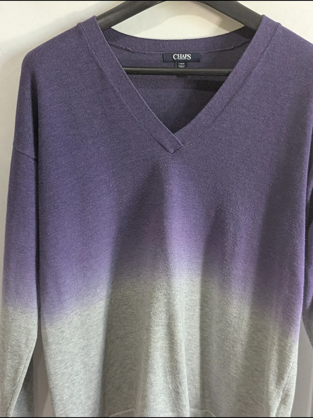 Chaps Ombre V Neck Sweater Purple Gray Knit Pullover Women's Large Soft
